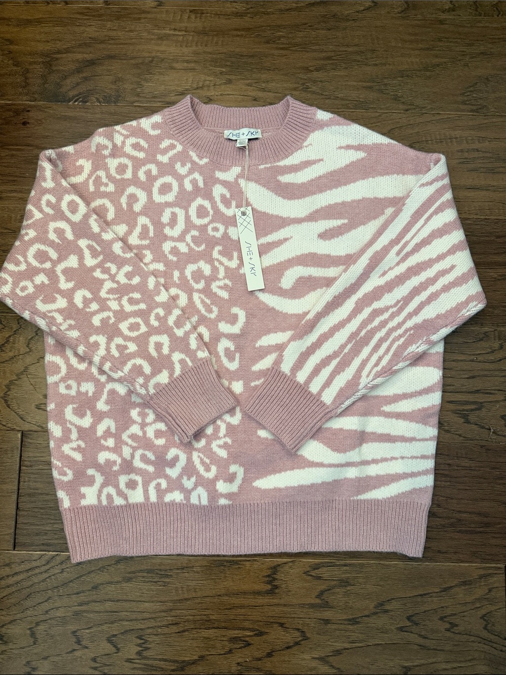 SHE + SKY Pink Mixed Animal Print Sweater Leopard Zebra Split Knit NWT S/M